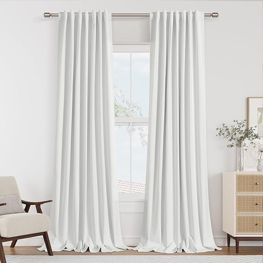 White 100% Blackout Linen Curtains 100 Inch Length 2 Panels Set for Living Room Bedroom Back Tab Thermal Insulated Black Out Drapes Room Darkening Farmhouse Style for Bedroom Window Curtains 52x100