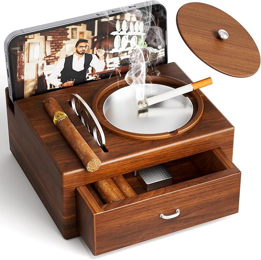 Wood Cigar Ashtray Cigarettes Ashtrays for Indoor Outdoor Patio Home Office Use Square Wooden Brown Cigar Ash Tray Gifts for Men with GIFT BOX(with Drawer)