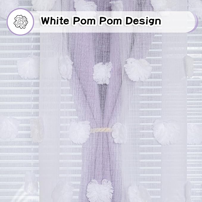 MYSKY HOME Light Blocking Lilac Curtains White Sheer Pom Pom Kids Room Decor Drapes for Living Room 95 Inches Long Double Layer Curtains for Sliding Door Grommet Window Panels Set of 2 52" x 95"