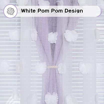 MYSKY HOME Light Blocking Lilac Curtains White Sheer Pom Pom Kids Room Decor Drapes for Living Room 95 Inches Long Double Layer Curtains for Sliding Door Grommet Window Panels Set of 2 52" x 95"