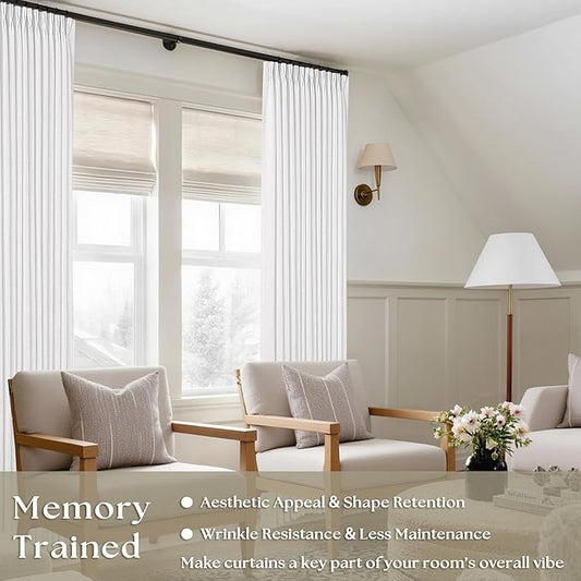 White Linen Curtains 80 Inches Long for Living Room Pinch Pleat Hooks for Living Room Back Tab Thick Linen Textured Pleated Drape Light Filtering Snow White Bedroom Window Curtain 80 Inch Length