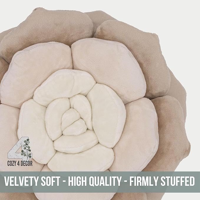 Throw Pillow in Monochromatic Colors - Flower Shaped Pillow – Soft Plush Floral Throw Pillow for Bed, Couch, Sofa & Kids Room | Cute Fluffy Bloom Cushion for Aesthetic Room Decor (Beige)