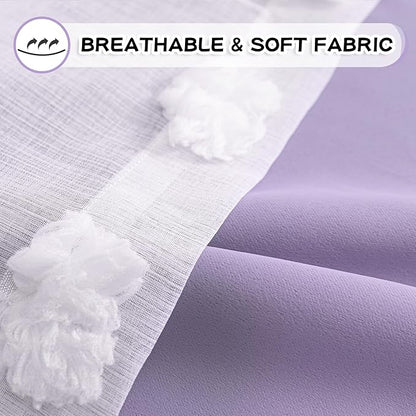 MYSKY HOME Light Blocking Lilac Curtains White Sheer Pom Pom Kids Room Decor Drapes for Living Room 95 Inches Long Double Layer Curtains for Sliding Door Grommet Window Panels Set of 2 52" x 95"