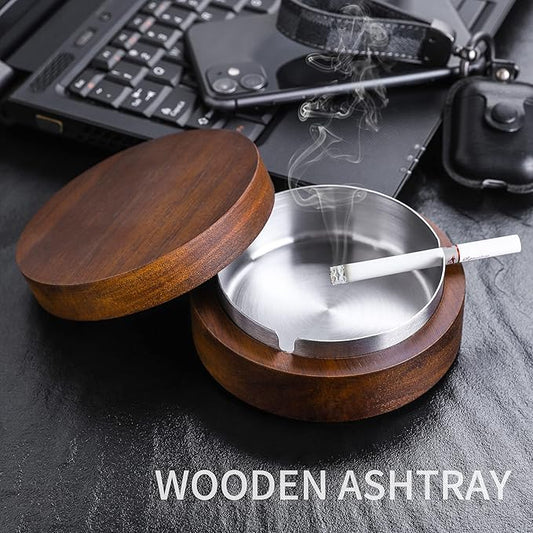 Wooden Ashtray with Lid for Smokers Stainless Steel Liner Ash Tray Windproof Durable Easy to Clean Cool Ashtrays for Indoor or Outdoor Use, Patio, Office & Home