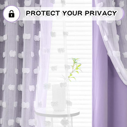 MYSKY HOME Light Blocking Lilac Curtains White Sheer Pom Pom Kids Room Decor Drapes for Living Room 95 Inches Long Double Layer Curtains for Sliding Door Grommet Window Panels Set of 2 52" x 95"