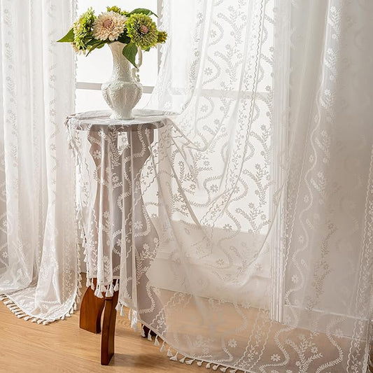 White Lace Curtains 63" - French Cottage Boho Sheer Panels with Floral Tassel Rod Pocket, Thin Light Filtering Drapes for Bedroom,Living Room,Privacy Transparent (Set of 2, 52" W x 63" L)