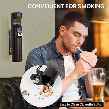 Wall Mounted Cylinder Cigarette Ashtray for Outside, Outdoor Disposal, Butt Receptacle, Commercial Container, Smokers Outpost for Patio, Office, Bars - Black
