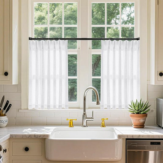 White Linen Kitchen Window Curtains 2 Panels Pinch Pleated Linen Cafe Curtains 24 Inch Length Light Filtering Semi Sheer Boho Snow White Short Tier Drapes for Small Window Basement Bathroom RV
