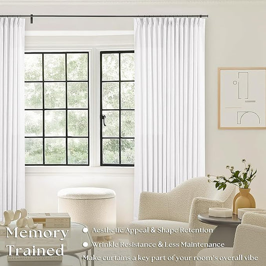 White Linen Pinch Pleated Curtains 84 Inches Long 2 Panels for Living Room Bedroom Snow White Textured Linen Pleated Hooks Rings Back Tab Elegant Luxury Light Filtering Curtain Drapes 84 Inch Length