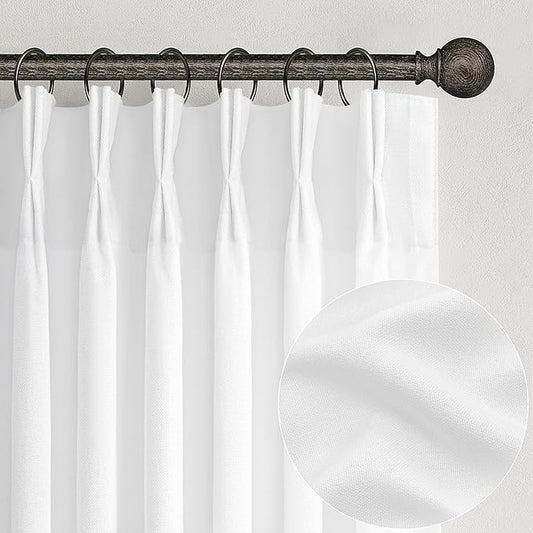 White Linen Sheer Curtains 84 Inches Long 2 Panels, Neutral Textured Pinch Pleated 7ft Light Filtering Drapes for Living Room Elegantes with Hooks Track System&Back Tab Window Panels Office at Home