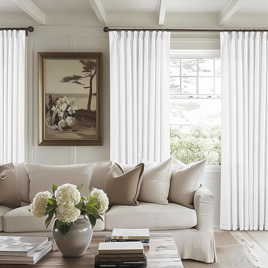 White Pinch Pleated Linen Curtains 102 Inches Long 60 Inch Width Linen Blend Light Filtering Window Curtains 102 Inch for Living Room Bedroom Patio Pinch Pleat Drapes Hooks Rings 1 Panel 60Wx102L