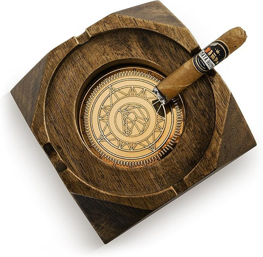 Wooden Cigar Ashtray Accessories for Cigarettes - Indoor Outdoor Patio Home Office Use - Quadrangular Wooden Brown Ash Tray Gift Set for Men Great Decor for Home Office or Bar