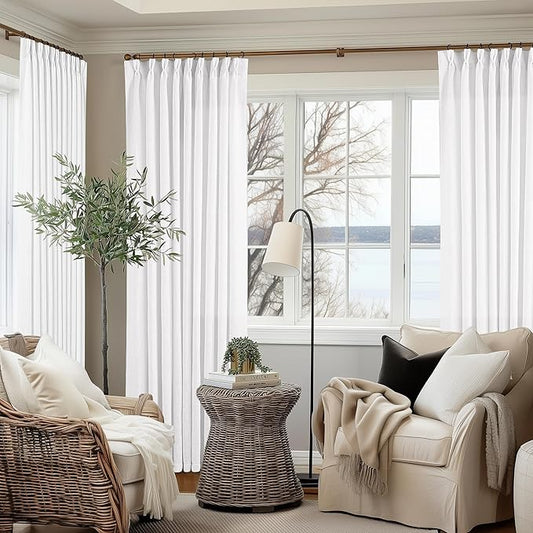White Pinch Pleated Linen Curtains 96 Inches Long 60 Inch Width Linen Blend Light Filtering Window Curtains 96 Inch for Living Room Bedroom Patio Pinch Pleat Drapes with Hooks Rings 1 Panel 60Wx96L