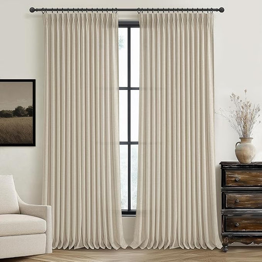 Warm Beige Extra Wide 70 Inch Pinch Pleated Natural Linen Curtains 84 Inch Length 2 Panels Set for Living Room, Cottage Core Light Filtering Thick Burlap Sheer Bedroom Window Drapes 70"W x 84"L Taupe