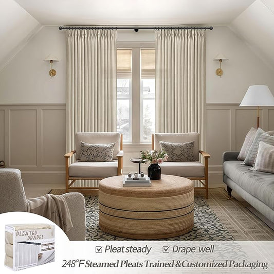 Warm Beige Extra Long Thick Burlap Sheer Curtains 108 Inches Long for Living Room, Farmhouse Country Pinch Pleat Flax Linen Window Drapes with Back Tab & Ceiling Track 9 FT Light Filtering Taupe Burg