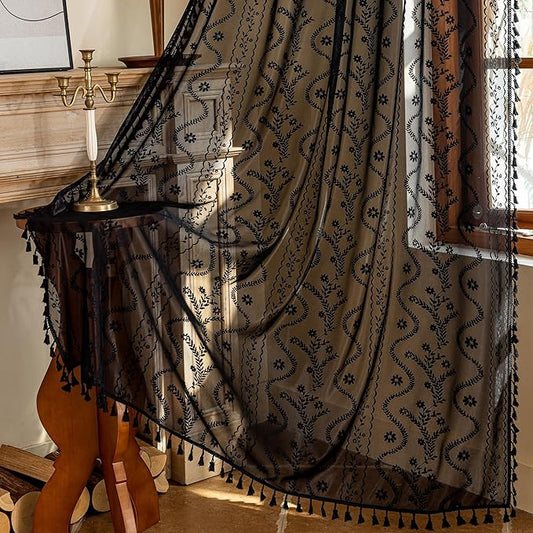 Whimsigoth Gothic Lace Curtains 63" Length - Dark Academia Black Sheer Privacy Drapes with Tassel Floral Lacy, Rod Pocket Window Panels for Halloween Bedroom Décor (Set of 2, W52 xL63)