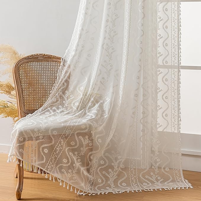 White Lace Curtains 63" - French Cottage Boho Sheer Panels with Floral Tassel Rod Pocket, Thin Light Filtering Drapes for Bedroom,Living Room,Privacy Transparent (Set of 2, 52" W x 63" L)