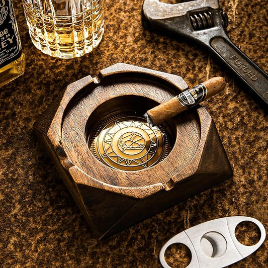 Wooden Cigar Ashtray Accessories for Cigarettes - Indoor Outdoor Patio Home Office Use - Quadrangular Wooden Brown Ash Tray Gift Set for Men Great Decor for Home Office or Bar