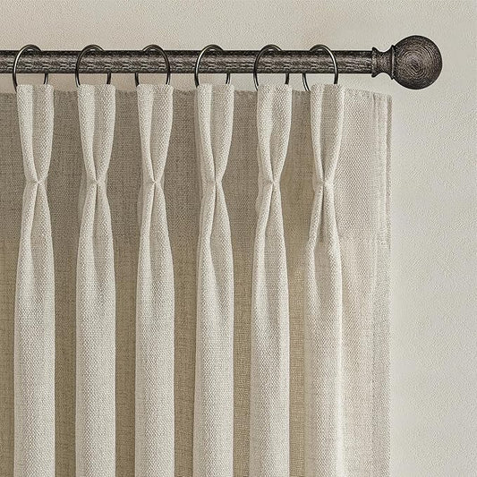 Warm Beige Light Filtering Extra Short Kitchen Window Curtains 45 Inch Length 2 Panel Set, Memory Trained Pinch Pleated Privacy Semi Sheer Mini Cafe Curtain Thick Natural Linen Decorative Small Drapes